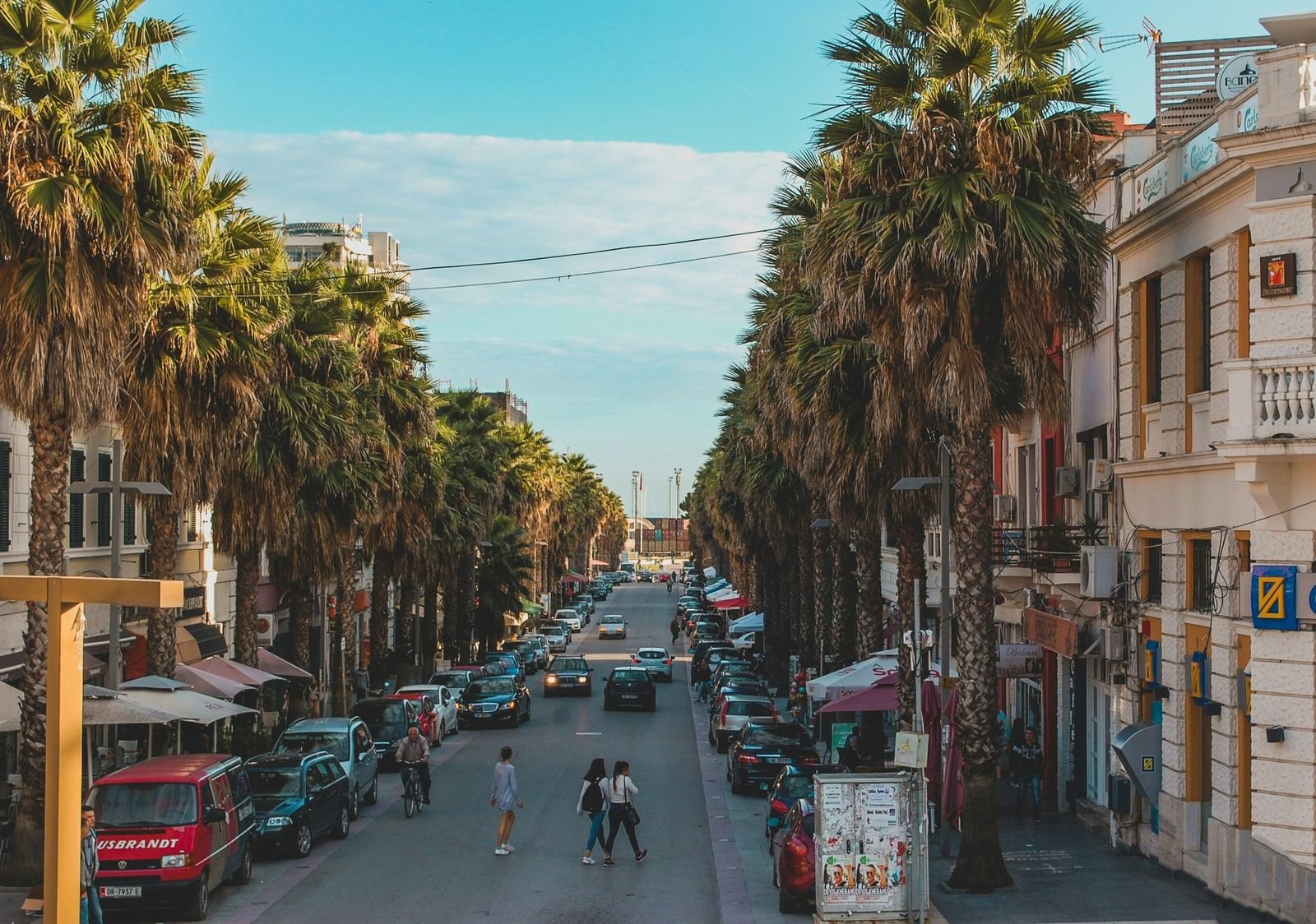 Palm-lined boulevard in Durrës leading to the sea