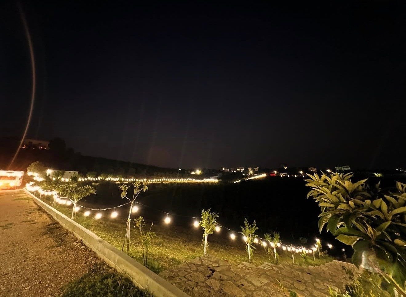 Lights along the lake at night